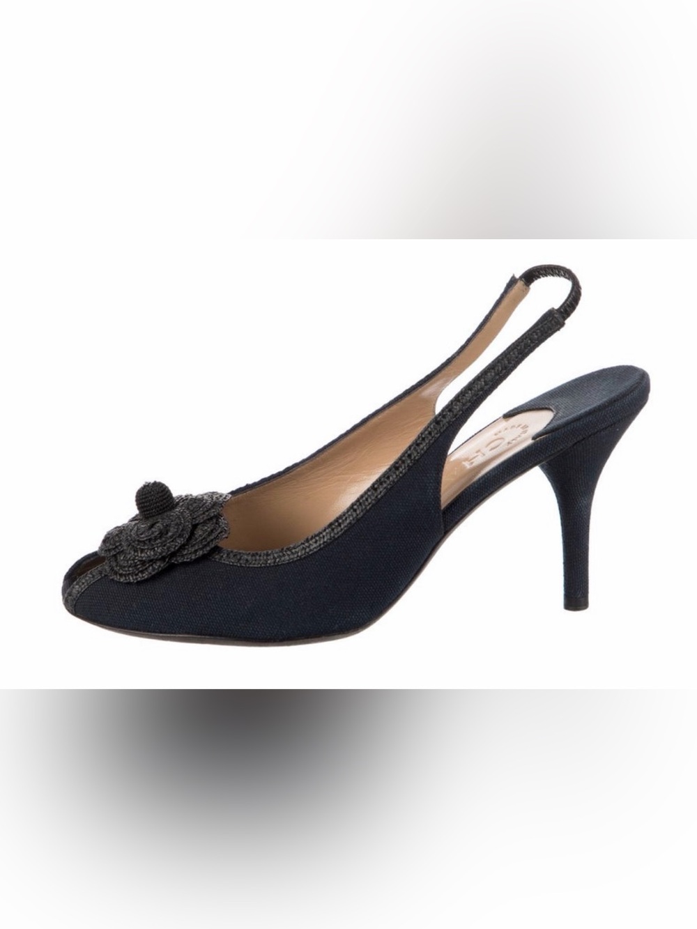 CHANEL Black Slingback Peep-Toe Heel with Rosette Accent